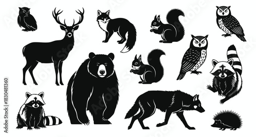 Whimsical woodland creatures silhouette collection featuring deer bears owls and more