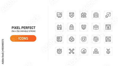Vector illustration of collection of pixel perfect icons representing various concepts and actions for user interface design and development