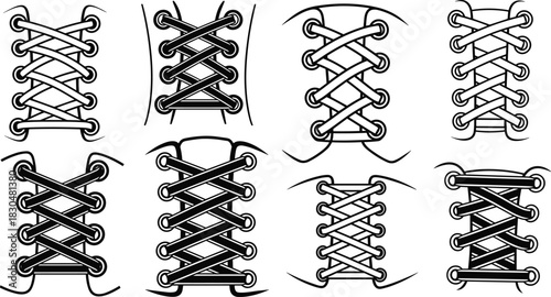 Set of corset lace vector illustrations showing detailed crisscross patterns with loops and eyelets, black and white fashion design elements