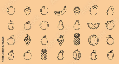Collection of hand drawn outline illustrations of various fruits and vegetables
