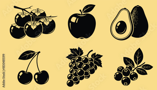 Black and white illustrations of assorted fruits including persimmons apples avocados cherries grapes and berries