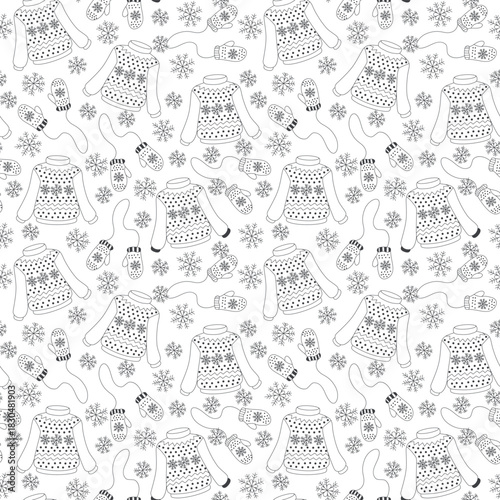 Winter seamless pattern, background with knitted sweaters, mittens and snowflakes in black and white. Cozy winter vibes. Outline contour vector drawing. For fabrics, wrapping paper, packaging design.