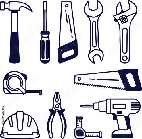 Essential construction tools set for home improvement projects, perfect for DIY enthusiasts and professional builders in modern design styles