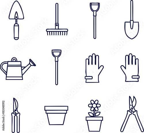 Gardening tools outline set for spring planting and yard work projects, perfect for outdoor lifestyle designs and garden center promotions