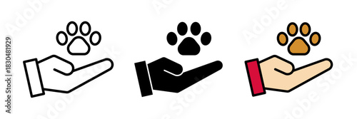 Pet adoption icon featuring a small bowl filled with food or kibble. Flat vector illustration, created in outline, filled, and color style.