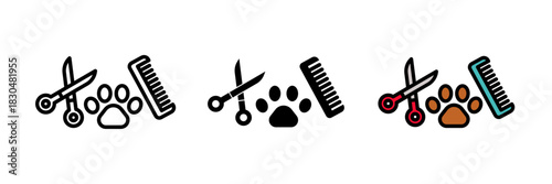 Pet grooming icon featuring a small bowl filled with food or kibble. Flat vector illustration, created in outline, filled, and color style.