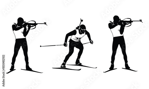 Three biathlon athletes in silhouette form engaged in shooting and skiing actions silhouette