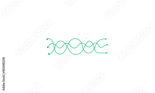 Abstract green interwoven lines forming a complex wave pattern symbolizing data flow, connectivity, and technology on a clean white background