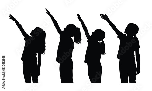 Silhouettes of four children reaching up towards the sky in unison