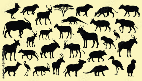 Diverse collection of african wildlife silhouettes featuring mammals and birds in various poses
