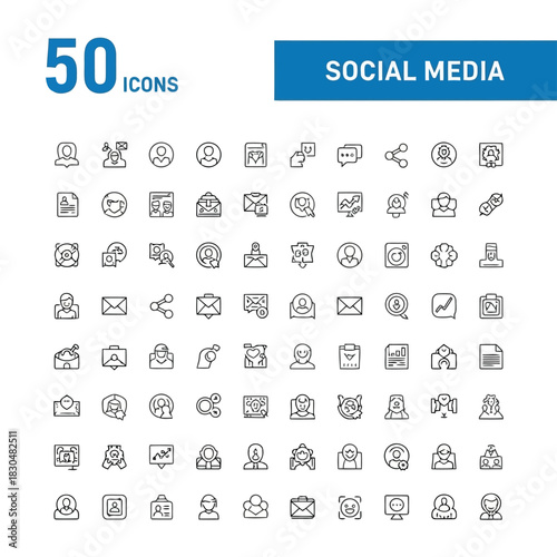 Vector illustration of social media icons set collection of 50 linear icons related to social networking, communication, and online interaction