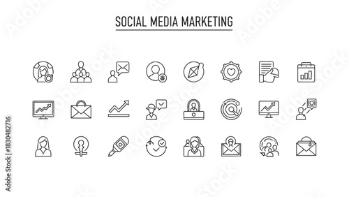 Vector illustration of social media marketing line icon set contains icons as global, team, message, user, target, like, report, clipboard, graph, briefcase, growth, and more