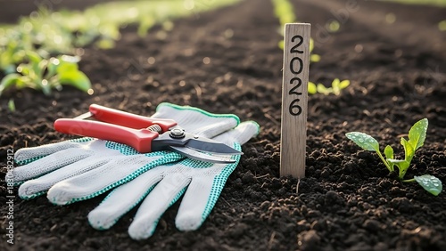 Gardening gloves and pruners on soil with a wooden sign indicating the year two thousand twenty six