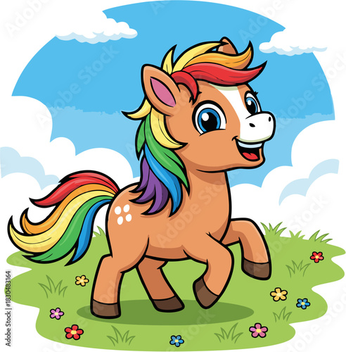 Vibrant cartoon pony with a rainbow mane and tail, joyfully prancing through a sunny green meadow under a bright blue sky, surrounded by cheerful wildflowers
