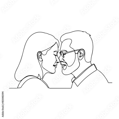Adult couple in continuous line art shows affection and closeness between loving partners. Adult couple faces are drawn with single line expressing emotional connection between two figures.