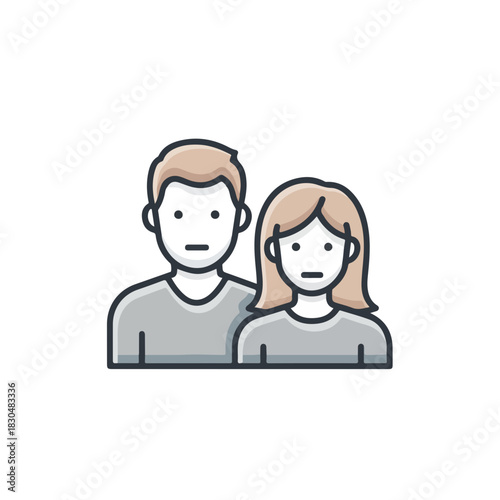 Adult couple illustration with man and woman side by side, drawn with simple lines and soft gray colors. This adult couple is depicted with minimalist features, conveying anonymity and universality.