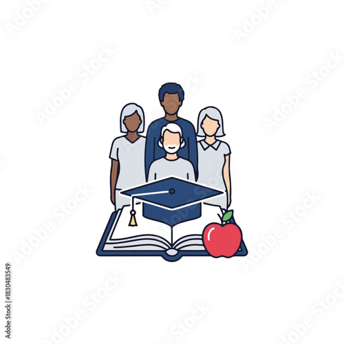 Adult education concept on colorful illustration with open book and graduation cap, with people behind. Adult education involves diverse learners expanding their knowledge.