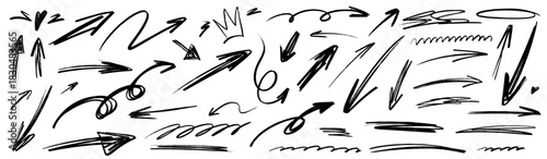 Hand-drawn arrow set with bold arrow lines, soft highlight accents, rough scribble marks, crayon texture and dynamic brush strokes, mixing highlight depth with scribble and crayon brush energy.