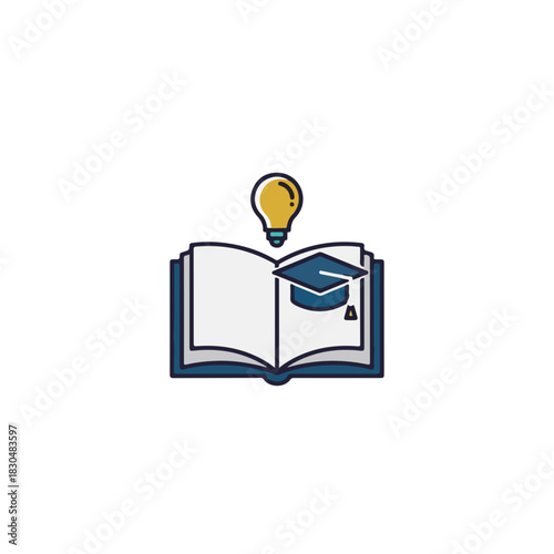 Open book displaying knowledge with graduation cap and a lightbulb conveys adult education. Open book with graduate cap suggests scholarly activities and bright ideas,