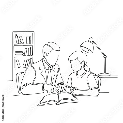 Adult education scene featuring person teaching student with book at desk under lamp. Adult education includes detailed explanation of text, with teacher pointing at pages.