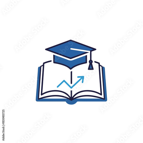 Open book with graduation cap and rising arrow showcases adult education. Adult education symbol incorporates graduation mortarboard and uptrend line, concept knowledge growth.