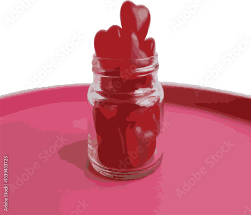 Small glass jar filled with red heart shaped
gummy candies on a bright pink surface white background.