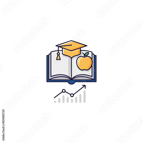Illustration of adult education with an open book topped with graduation cap and an apple. Adult education graphic shows academic success and learning progress.