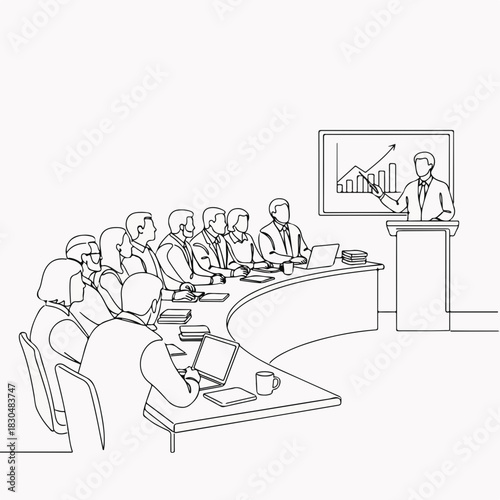 Adult education session in corporate environment with trainer presenting charts. Adult education concept with attendees looking at presenter and screen during training seminar.