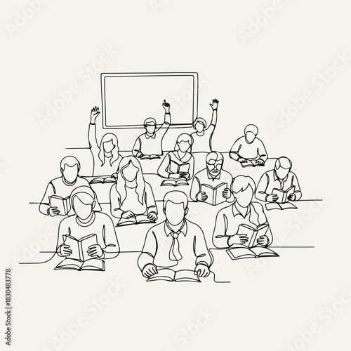 Depiction of adult education with learners in an illustrated classroom with open books. Adult education shows engaged students raising hands to answer question from the teacher.