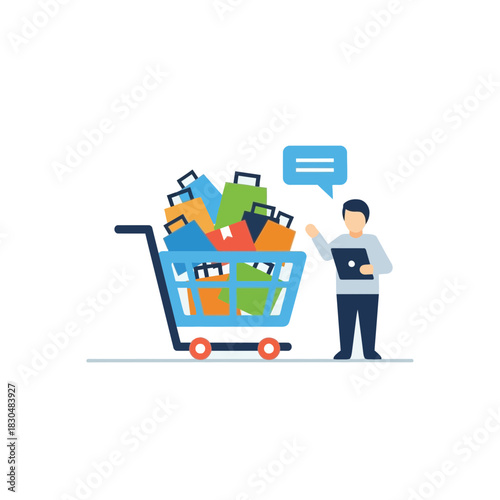 Man with shopping cart full of bags discussing sales online