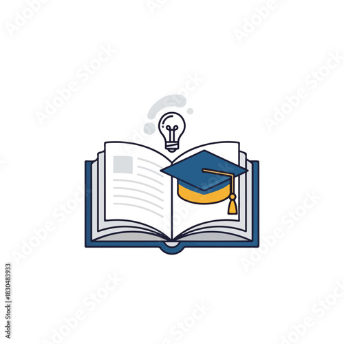 Adult education depicted with open book, mortarboard, and lightbulb. Adult education symbolizes knowledge, representing learning process and higher education concept.