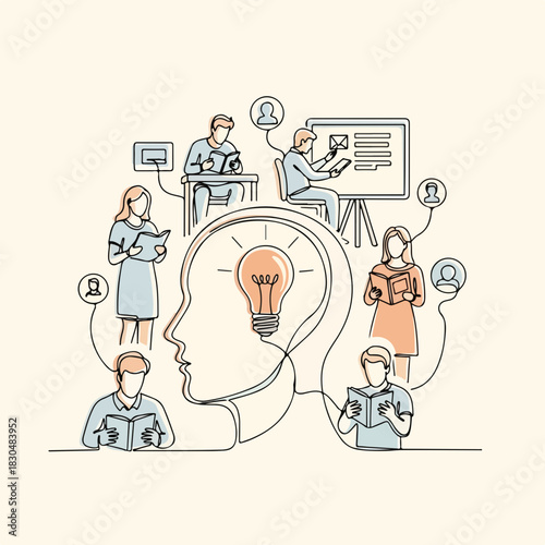 Adult education depicted by group of people reading and head with lightbulb. Adult education is key for professional and personal growth,