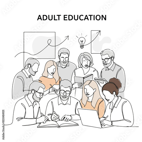 Illustration of adult education showing group of adults in collaborative learning, gathered around a table with books and a laptop, they are actively participating in the adult education process.