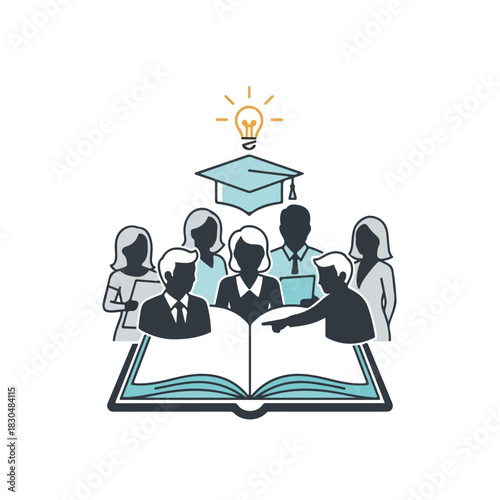 Adult education session with group studying from book, adult education promotes life-long learning and group collaboration. Attendees discuss course information.