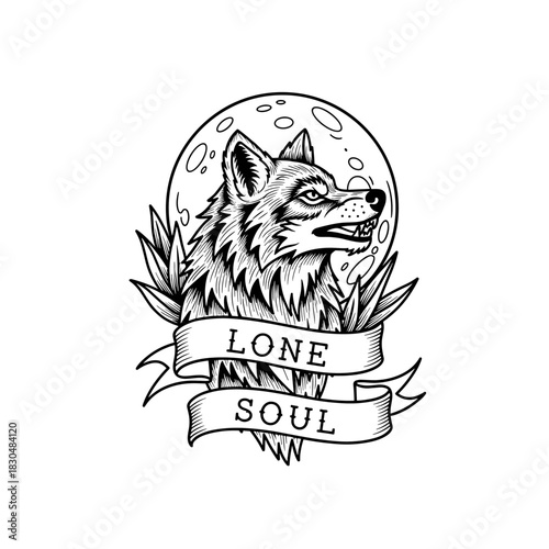 Lone Wolf Head with Banner and Moon.