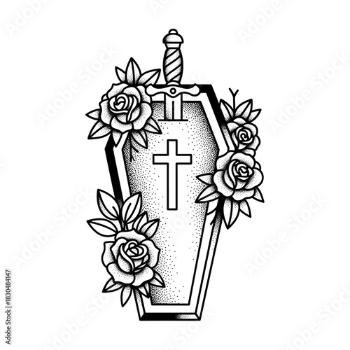 Coffin with Sword and Roses Tattoo Design.