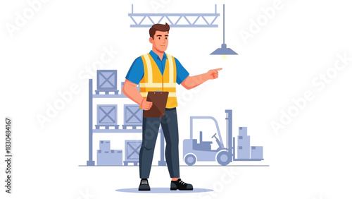 Warehouse Worker with Clipboard Pointing Next to a Forklift