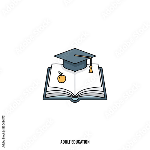 Open book with graduation cap representing adult education. Adult education is symbolized by mortarboard hat and study guide, symbolizing knowledge acquisition and self improvement.