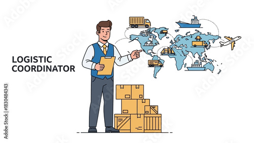 A man pointing at a world map illustrating global shipping routes