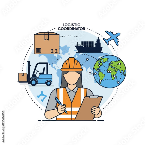 Woman logistic coordinator with clipboard and world map