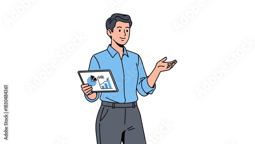 Business professional giving presentation with data report