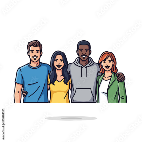 Group of friends standing together with arms around each other, sharing a moment of friendship and camaraderie. Group of friends showcases diversity and unity,