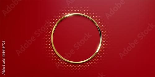 Golden circle frame with dotted halftone light effect. Circular glowing metallic ring, button, stamp, emblem, sticker, label. Modern luxury abstract vector illustration.