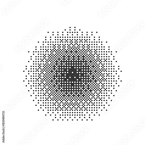 Pixel gradient circle background. Black and white dotted sphere with optical illusion and depth effect. Abstract digital pattern for modern graphic design. Vector illustration.