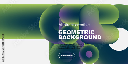 Abstract geometric background features vibrant shapes, gradients. Text promotes content with read more button. Modern design elements present.