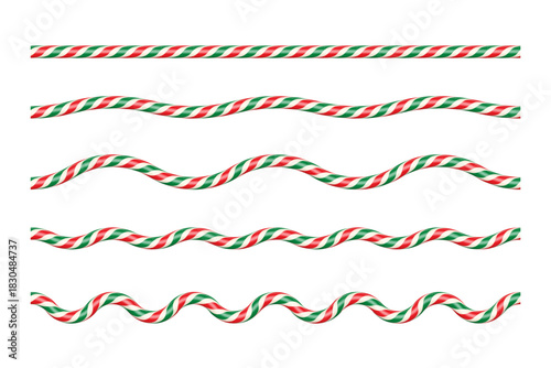 Red, green and white candy cane ropes in various wave patterns. Festive twisted lines for Christmas borders, dividers, decorative holiday designs. Realistic vector illustrations set.