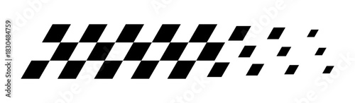 Racing flag background. Checkered flag pattern in motion with fading black squares. Dynamic speed symbol for motorsport, finish line, competition theme. Modern vector illustration.