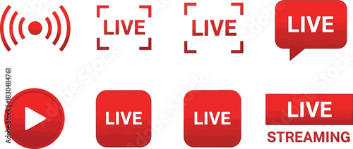 Collection of Red Live Streaming Icons and Symbols for Broadcasting and Online Content Creation