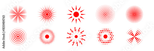 Pain circle red icon with concentric rings and ripple wave effect. Abstract target pattern symbolizing vibration signal or inflammation point. Modern medical and geometric vector illustrations set.