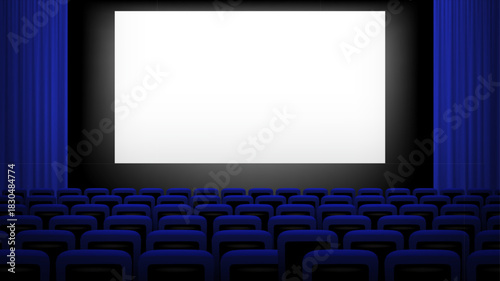 Cinema or theater chair screen background with rows of blue velvet seats facing large blank display with dark hall and curtains creating classic movie atmosphere. Realistic vector illustration.